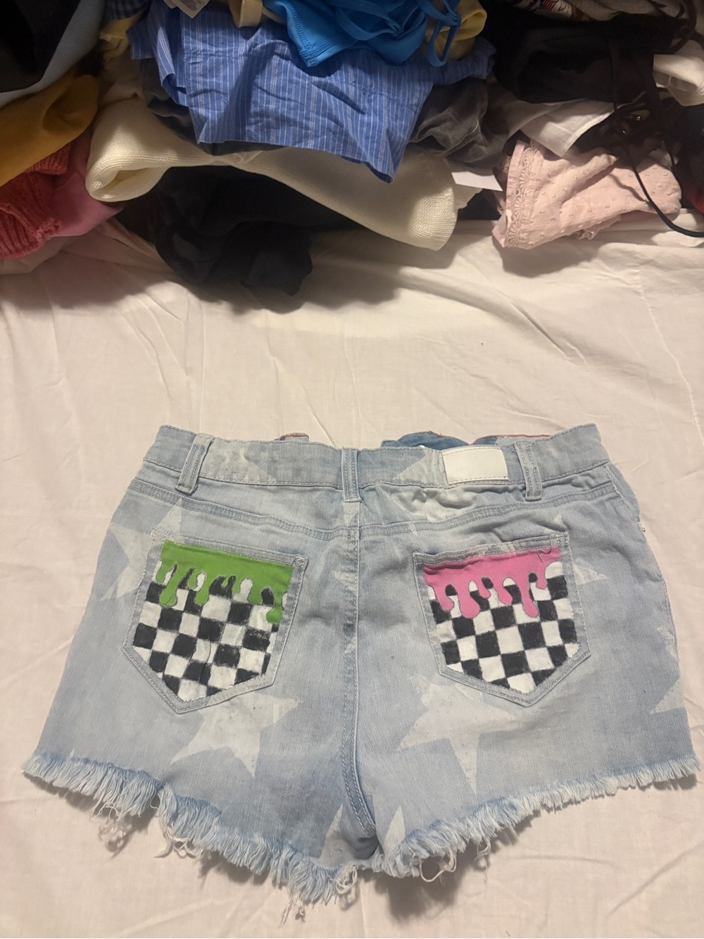 Hand Painted Denim Star Print Shorts with Checkerboard Pocket Accents